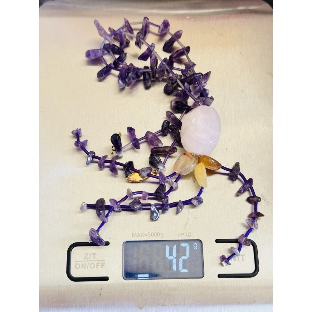 VTG BOHO‎ Necklace Amethyst Quartz Chunky Beads Genuine Natural Tassel Mod 17